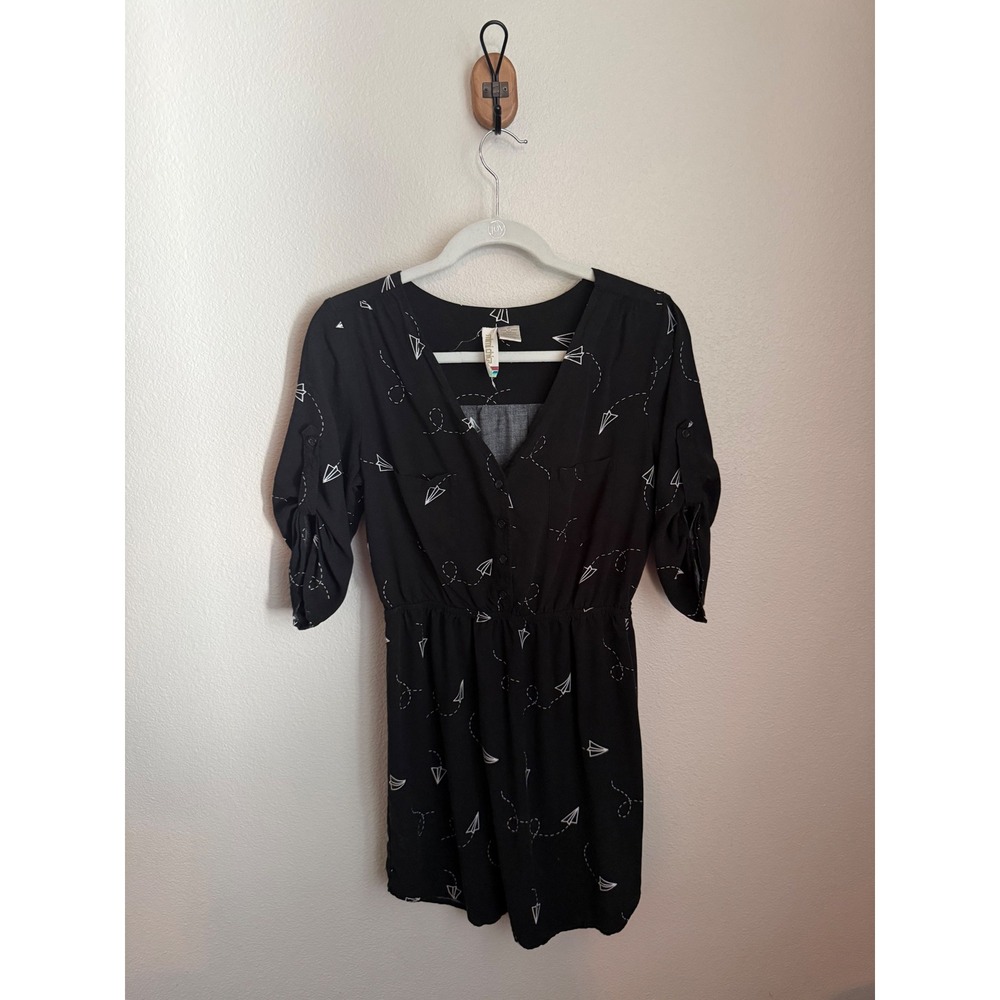 Mimi Chica Dress Women Size M Black Excellent Paper Airplane Print V-Neck